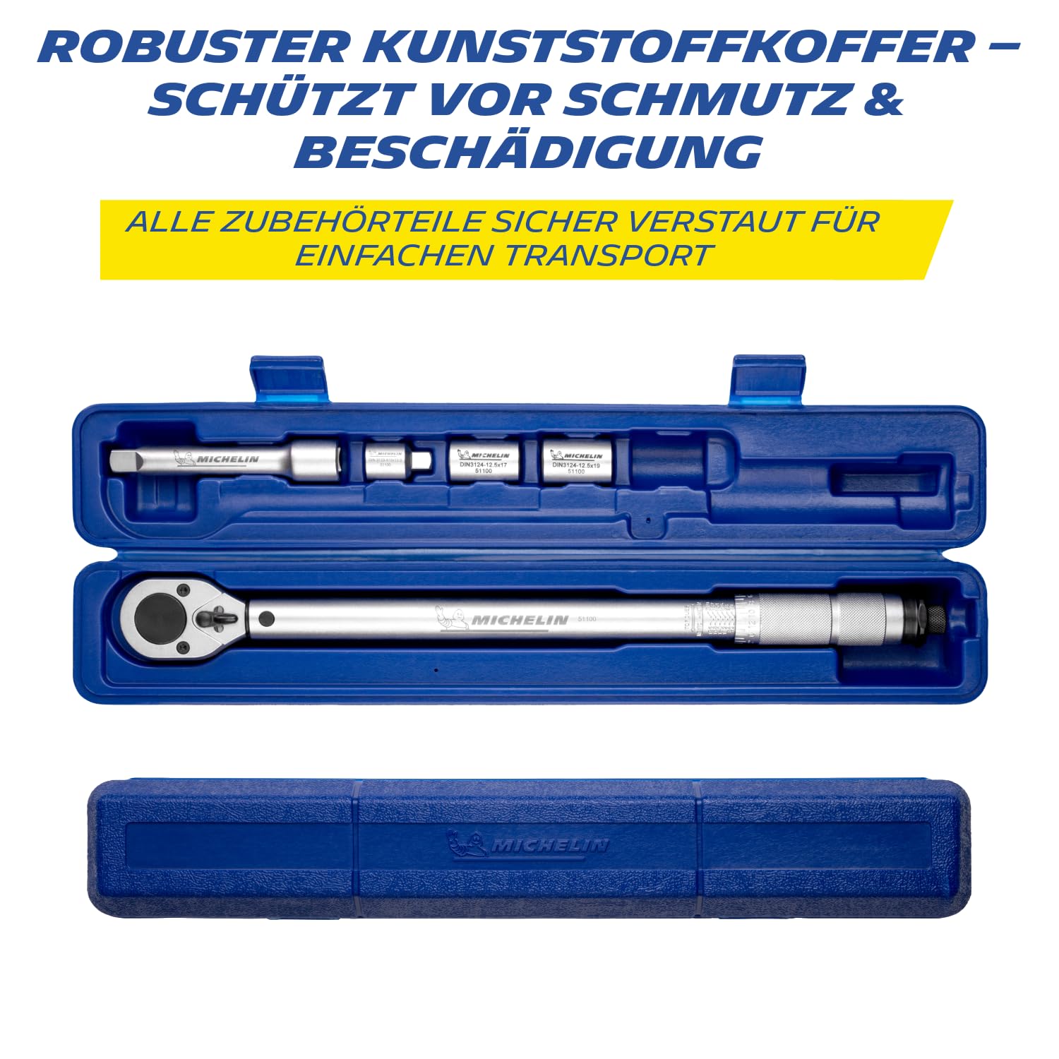 MICHELIN Drehmomentschlüssel MTW 210 Auto | Drehmoment 42 bis Nm | Inkl. Stecknüssen, Adapter und 125 mm Verlängerung | Drehmoment-schlüssel mit Koffer | Umschaltbarer Ratschenkopf, 51100A