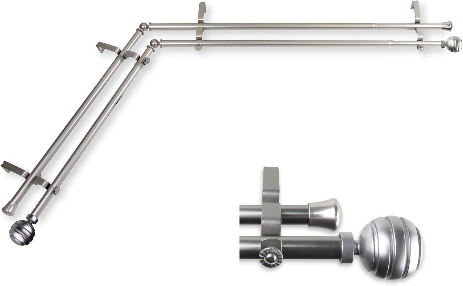 A&F Rod Decor - Dipper 13/16" Corner Window Double Curtain Rod 28-48" - Satin Nickel