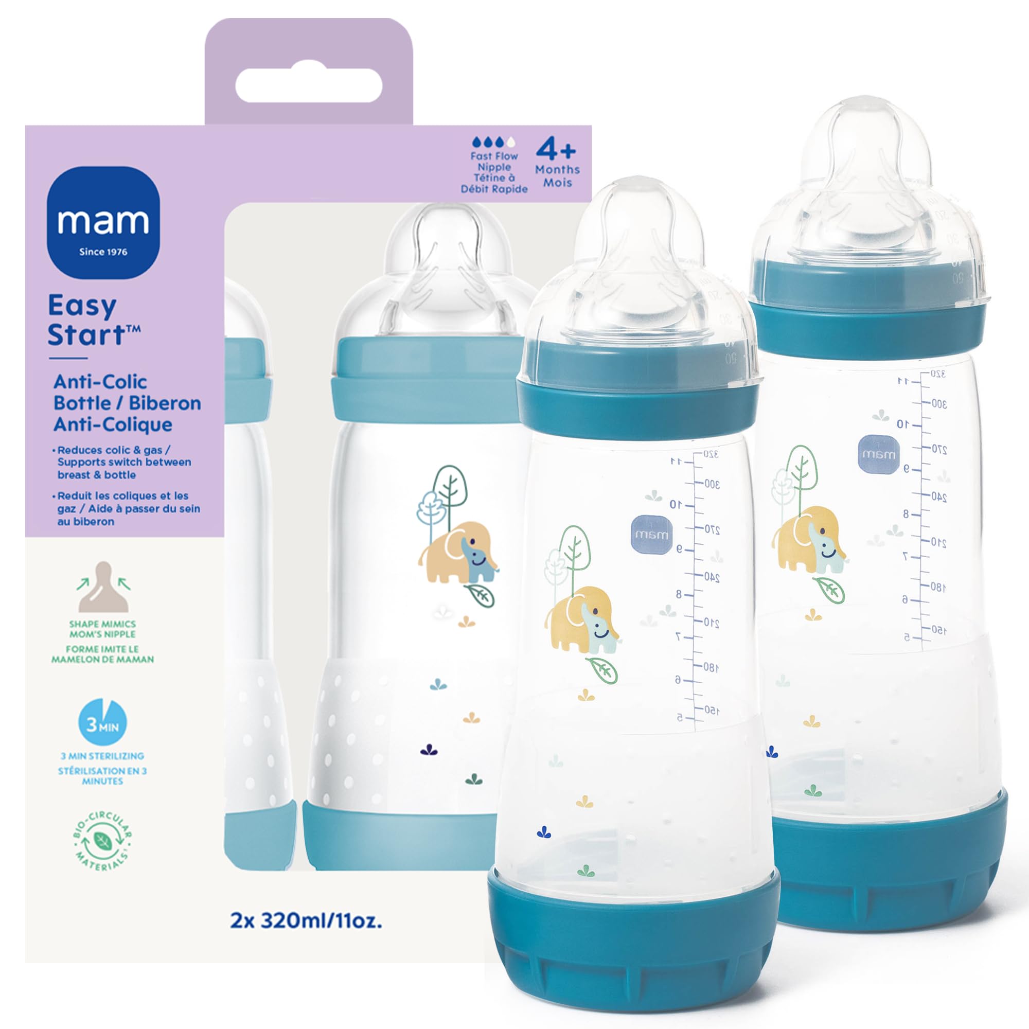 MAM 11oz Easy Start Anti-Colic Wide Neck Baby Bottle, Fast Flow Breastfeeding-Like Nipple, Reduces Colic Gas & Reflux, Easy to Clean, BPA Free, 4+