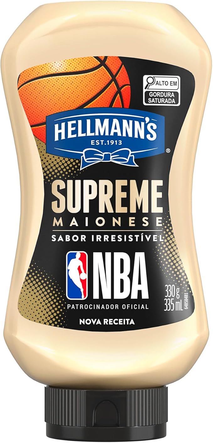 Frente do frasco de maionese Hellmann's Supreme com rótulo colorido e logotipo da NBA