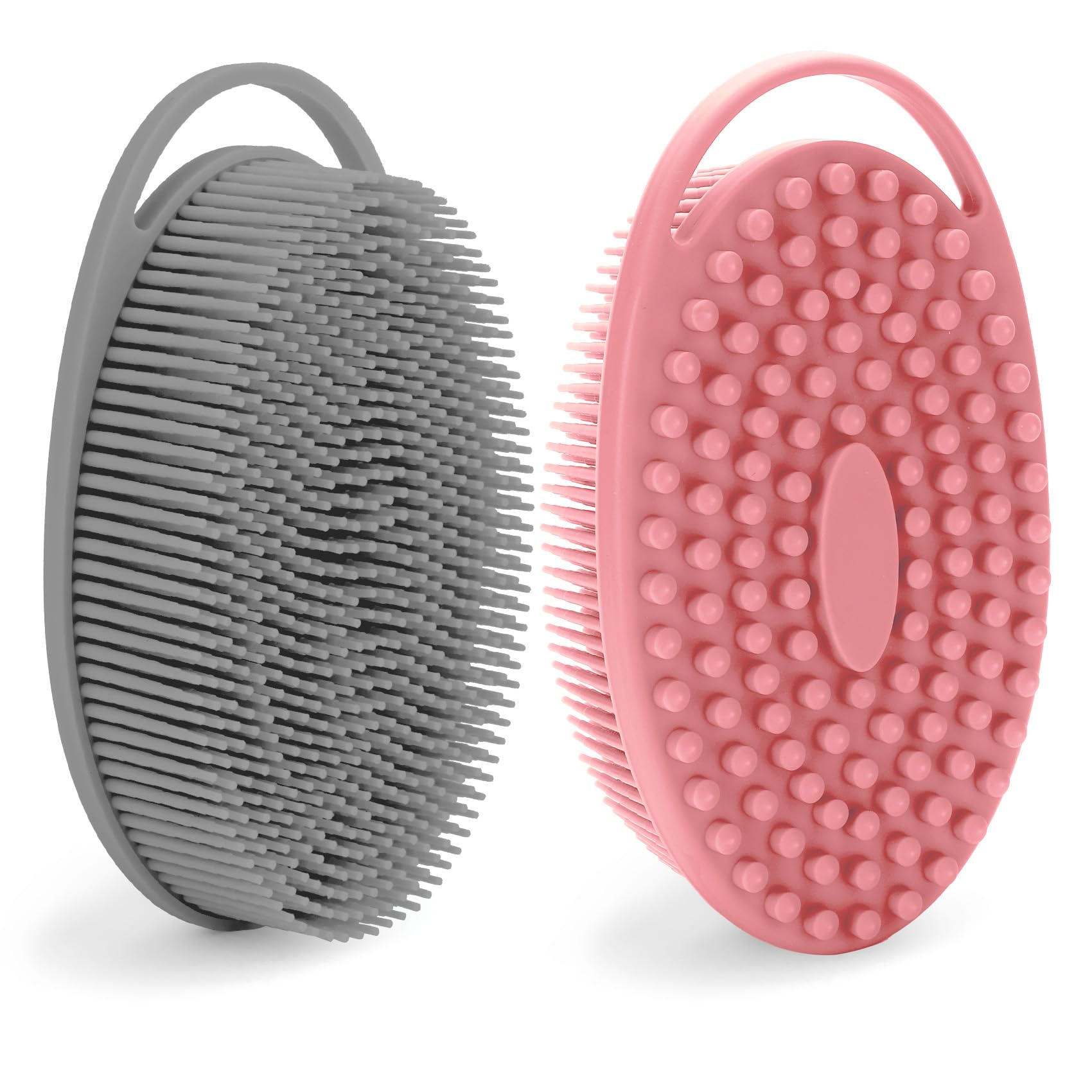 Silicone Scrubber Body, Shower Sponge & Exfoliating Body Scrubber for Men and Women, Large Flat Head Design with Handle - Gray & Pink, Bath Scrubber