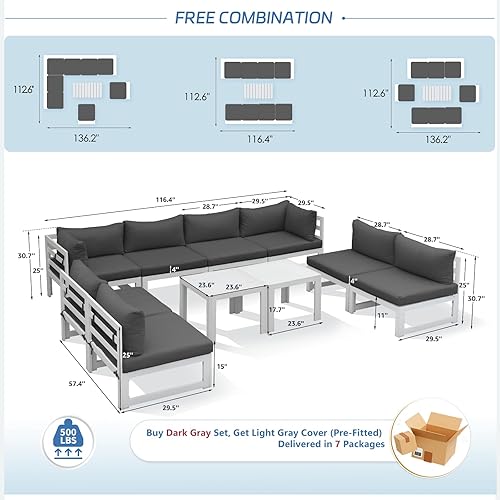 Miniatura 92 de NICESOUL 7 Piece White Powder-Coated Aluminum Patio Furniture with Fire Pit Table, 29 Inch Extra Wide Outdoor Sectional Sofa for 6, High-End Heavy