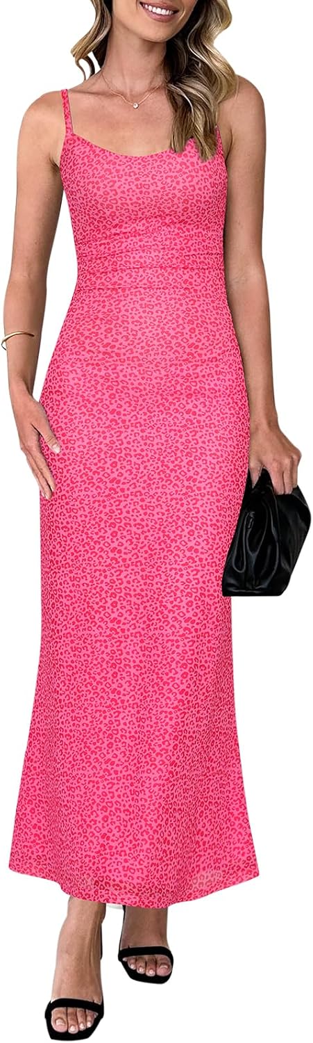 PRETTYGARDEN Womens Summer Dresses Spaghetti Strap Floral Maxi Dress Sleeveless Long Bodycon Dresses Wedding Guest Dress