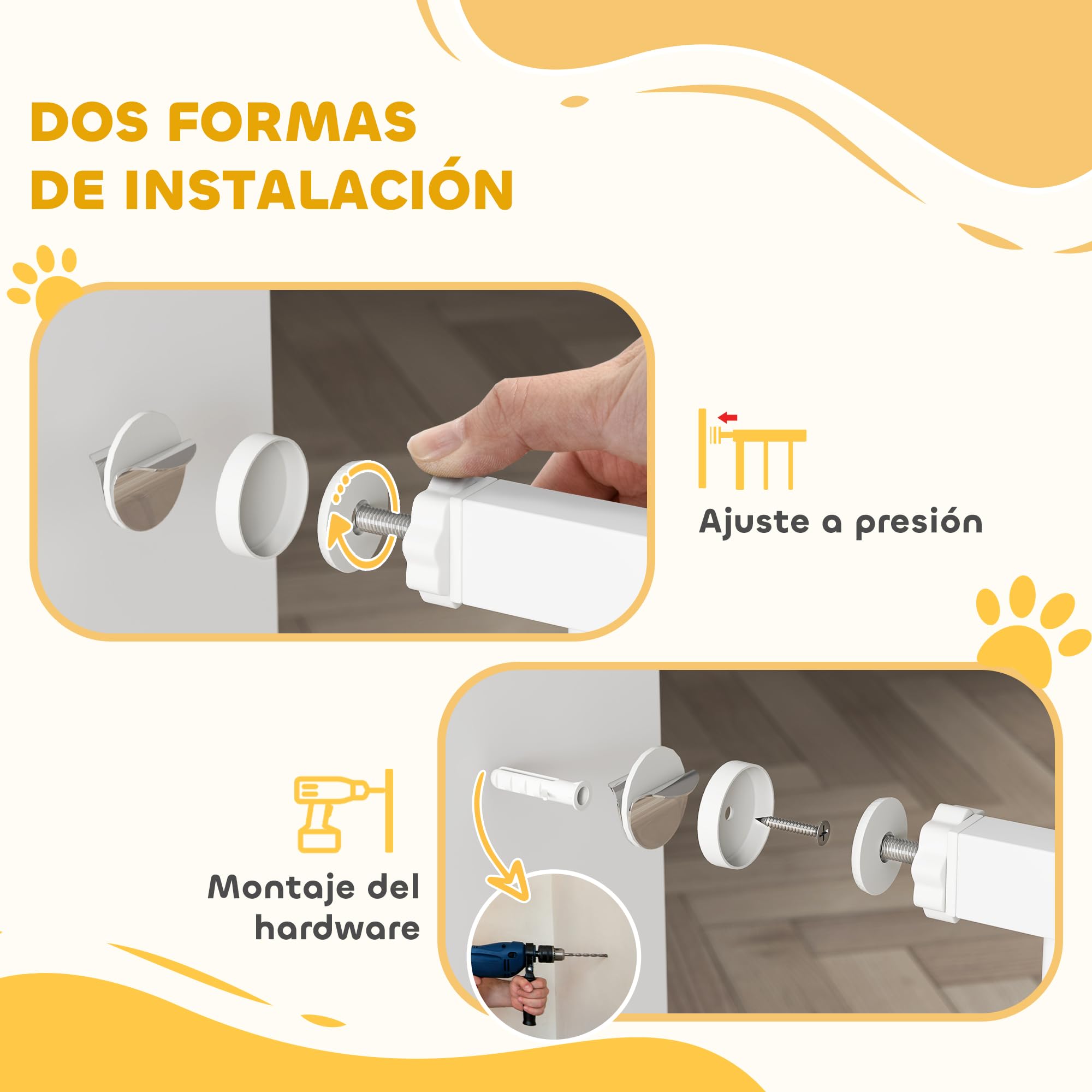 PawHut Barrera para Perros con Cierre Automático, Puerta para Perros 76-104 cm, Barrera de Seguridad con 2 Extensiones 7/14 cm, Fácil Montaje, Doble Bloqueo, para Escaleras y Puertas, Blanco