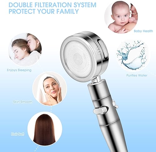 Miniatura 4 de Cabezal de ducha de mano de alta presión, cabezal de ducha filtrado con manguera de 59 pulgadas, interruptor de pausa de encendidoapagado, 3 modos