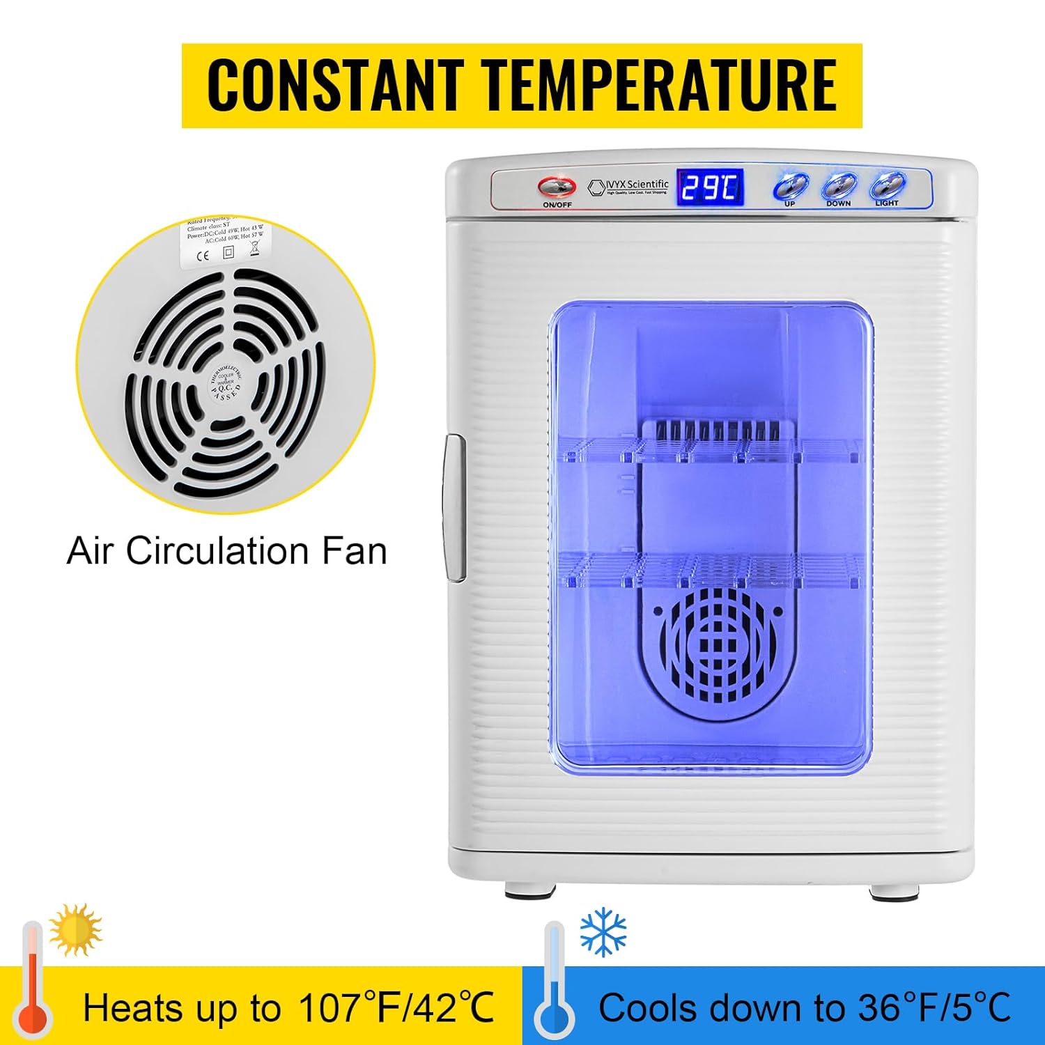 VEVOR Reptile Incubator showing LED display, control buttons, and internal air circulation fan