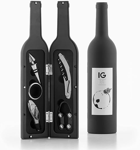 InnovaGoods® Wine Accessories Sets, Elegant Case, 5 Pieces Bottle Wine Set, Wine Accessories Set, Corkscrew with Wine Accessories, Stainless Steel, Black.