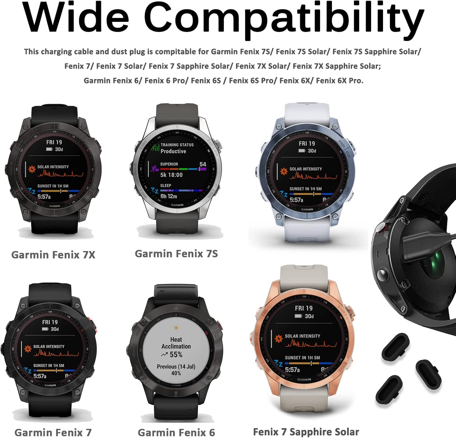 miimall compatible for garmin fenix 7s 6s fenix 7 6 fenix 7x 6x charger cable type c charging cable black silicone dust plugs for fenix 7 series