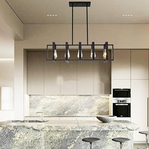 Miniatura 4 de HQZBPT Candelabros de isla de cocina de 34.5 pulgadas para comedores, iluminación colgante, color negro mate, 5 luces colgantes de granja para isla