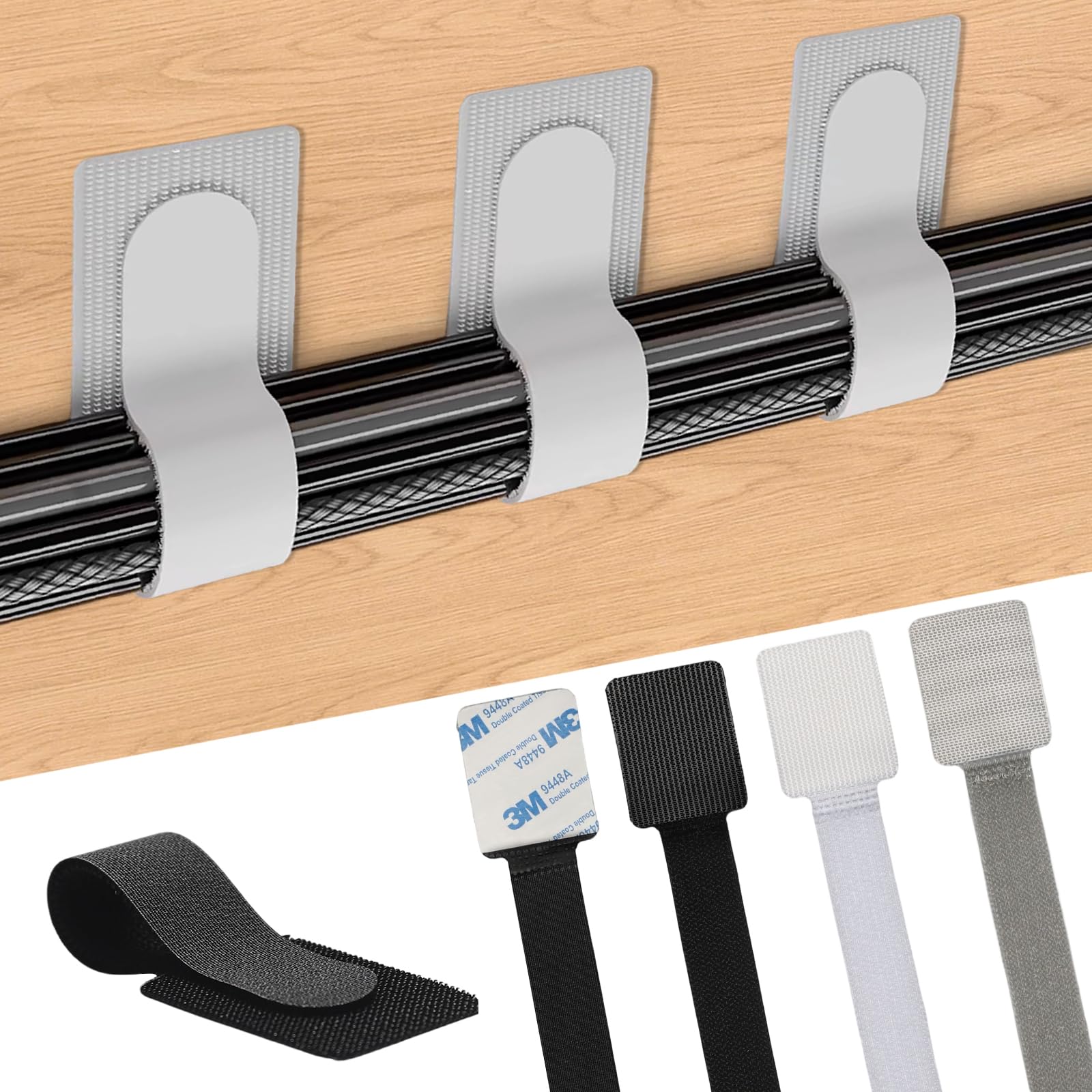 Set Gestione Cavi Sotto la Scrivania – 30 Fascette Fermacavo con Adesivo 3M Forte, Autoadesive, Regolabili e Riutilizzabili, Organizer Cavi per Ufficio e Casa (Nero/Bianco/Grigio)