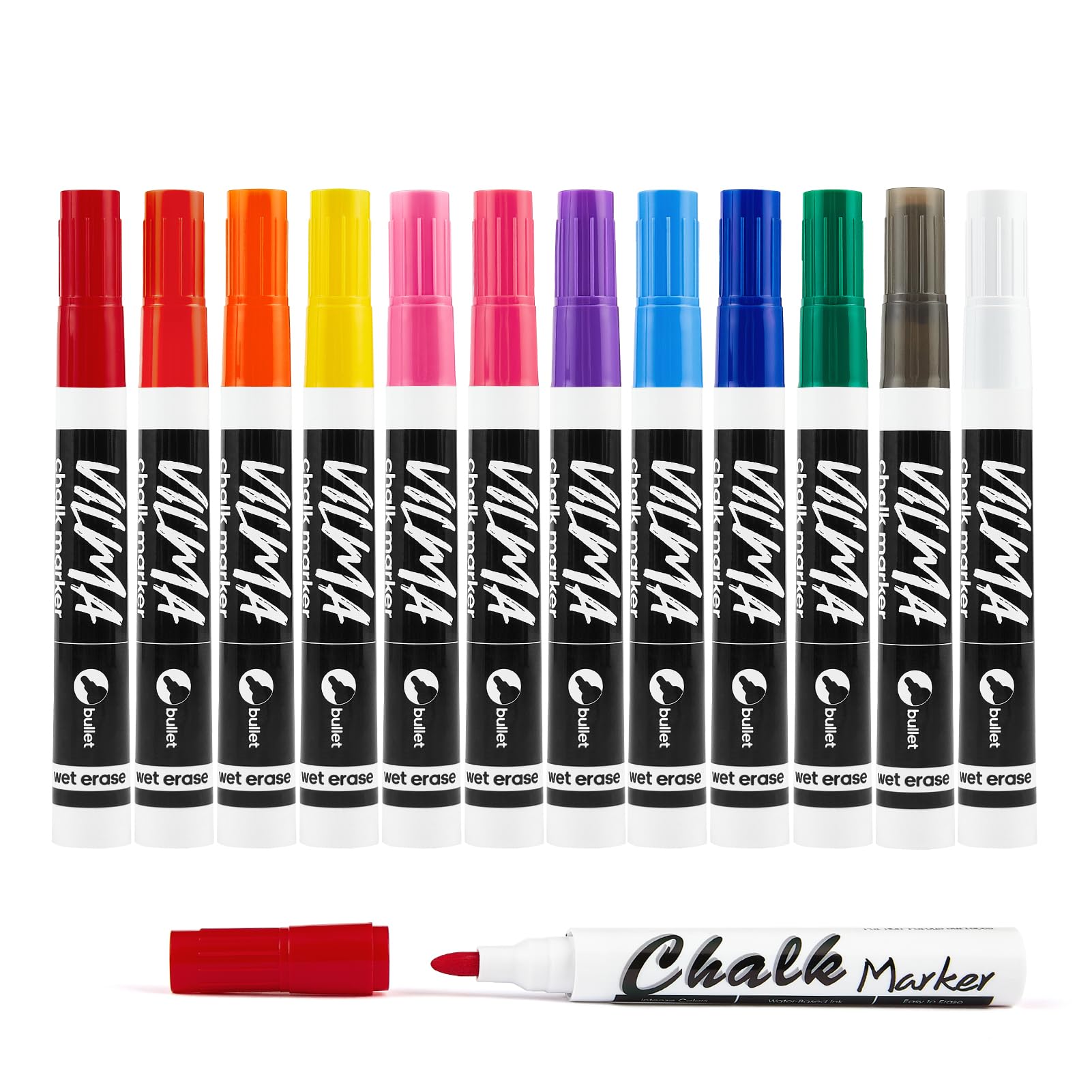 VILMA Liquid Chalk Markers Window Markers for Cars Glass pens Wet Erase Markers Washable Blackboard Markers for Car Window, Mirrors,Signs,Crafts, 2MM Tip 12 Pack,12 Colors