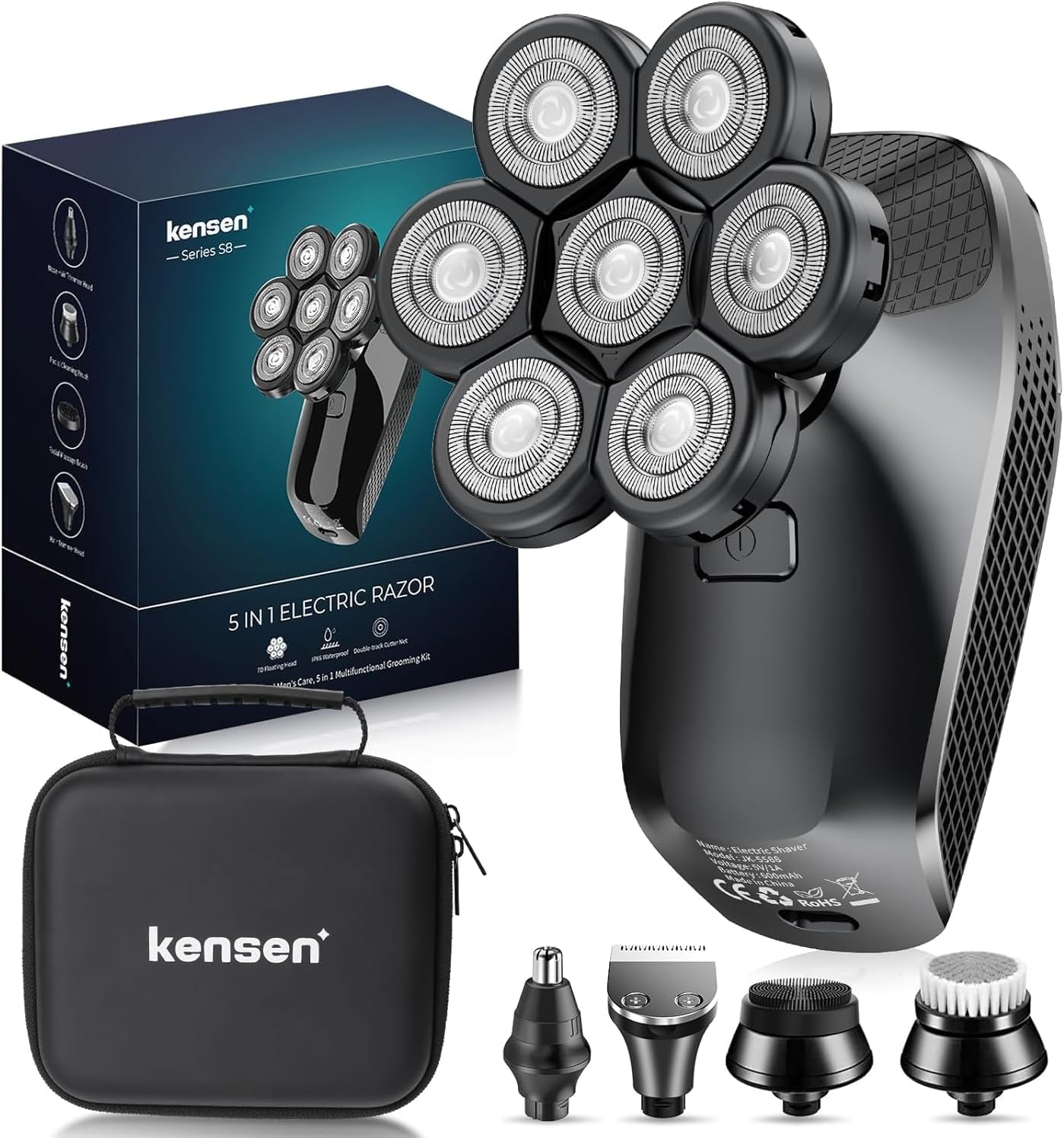 kensen 7D Head Shavers for Bald Men - 5 in 1 Electric Razor for Men, Head Shaver with Nose/Beard Trimmer USB Rechargeable LED Display IPX6 Waterproof Wet/Dry Electric Shavers for Mens Grooming Kit