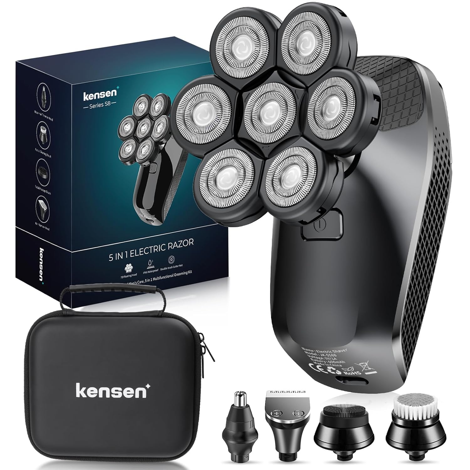 kensen 7D Head Shavers for Bald Men - 5 in 1 Electric Razor for Men, Head Shaver with Nose/Beard Trimmer USB Rechargeable LED Display IPX6 Waterproof Wet/Dry Electric Shavers for Mens Grooming Kit