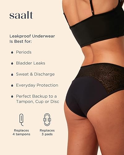 Miniatura 2 de saalt Ropa interior de encaje hipster - Ropa interior de tiro medio a prueba de fugas para mujer - Encaje europeo suave y elástico