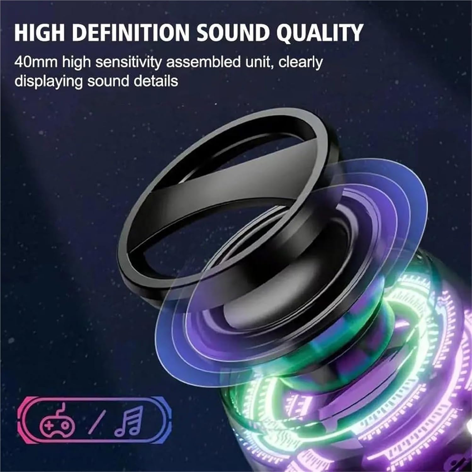 Close-up diagram of the 40mm speaker driver inside the G200, emphasizing high-definition sound quality.