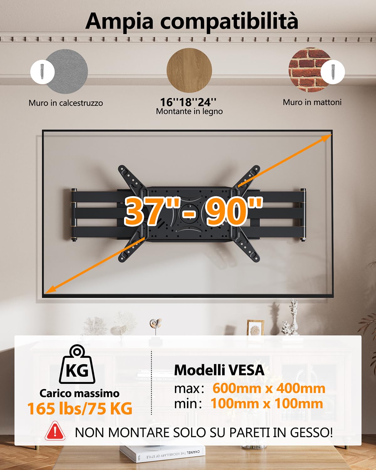 Soporte TV Pared con 1060mm Brazo Articulado para Pantallas Planas y Curvas 37-90 Pulgadas, 180° Rotación Soporte Pared TV Inclinable y Giratori Movimiento Completo, VESA 600x400mm hasta 75kg