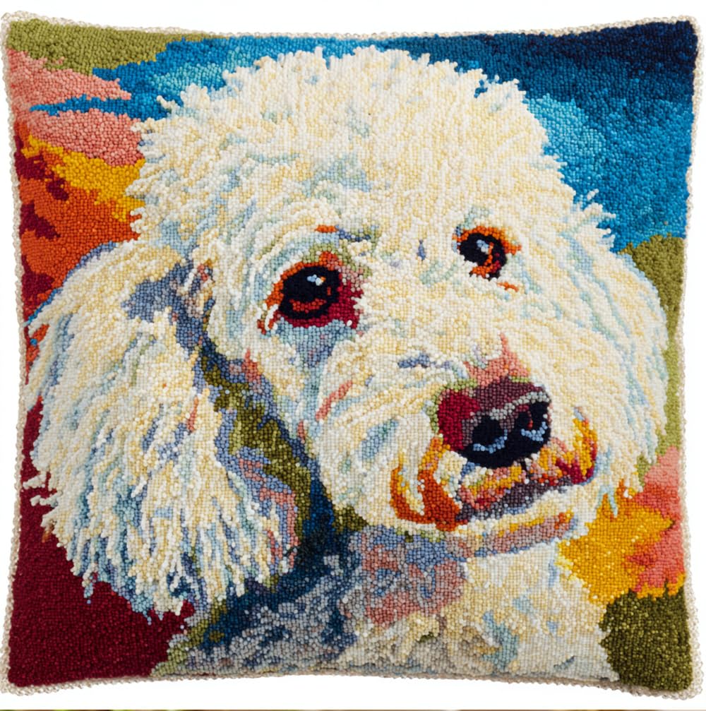 Rqwybcaxn DIY Latch Hook Kit Poodle 3D Pillow Materials Package Embroidery Kits Cross Stitch Sofa Cushion Cover with Hook Tool Fit for Kids and Adults 17X17Inch