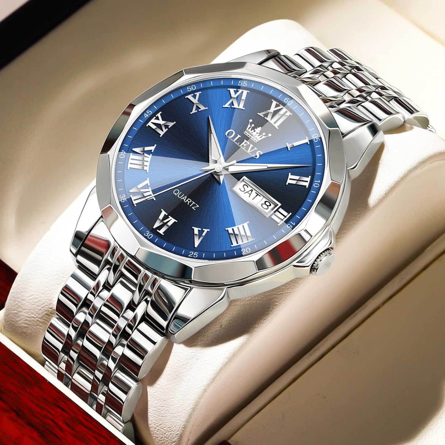 OLEVS Classic Men Watches with Date,Stainless Steel Man Watch with Date, Bussiness Watches for Men,Luminous Quartz Mens Watches Black/White/Blue/Gold, Waterproof Male Watch with Week - Image 2