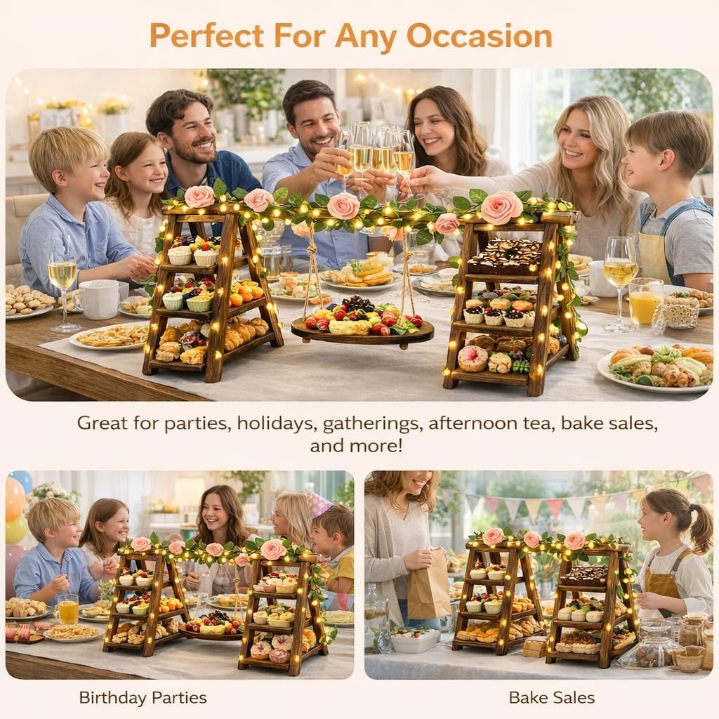 3 Tier Wooden Cupcake Stand with Swing and Flower Decoration, Dark Brown Natural Wood Dessert Swing Display Serving Set with Removable Trays, Rustic Wedding & Party Dessert Stand