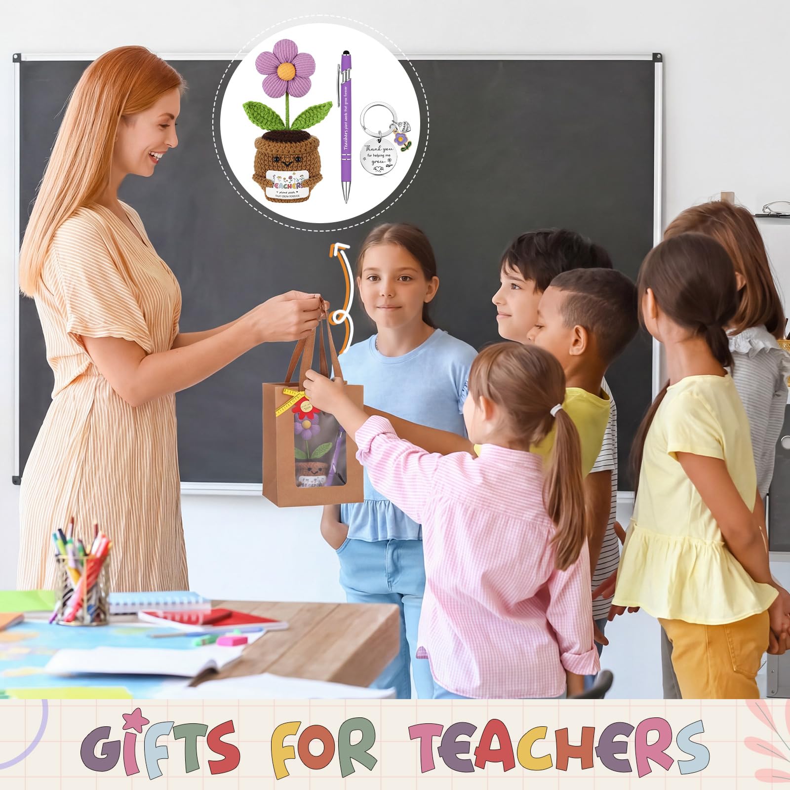 Jadive 4 set di regali di apprezzamento per insegnanti per donne, regali di ringraziamento per insegnanti, include bambola lavorata a maglia in vaso, portachiavi, penne a sfera per laurea fine