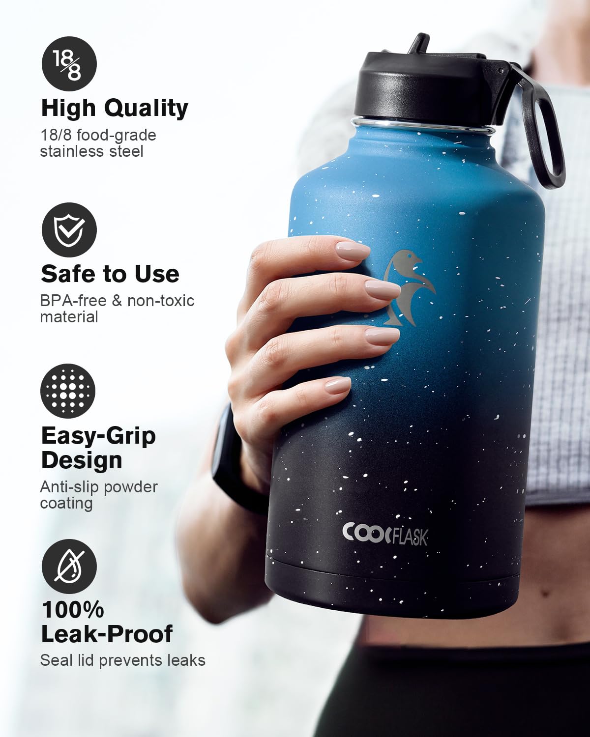 Coolflask Botella de agua de 64 onzas aislada con popote y 3 tapas, jarra de agua de medio galón, termo grande de metal de acero inoxidable para gimnasio, deportes y viajes, mantiene el frío 48 horas
