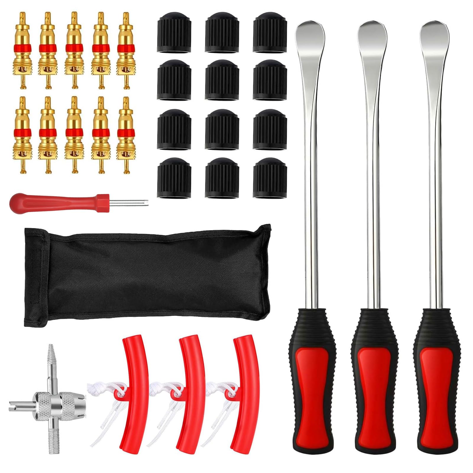 chiquieray 31pcs Reifenheber Reifen Montiereisen, Reifenmontierhebel, 3pcs Rad Felge Protektoren Tool Kit 10 Reifenventilkappen und Kappen Werkzeugsatz, Für Motorrad, Fahrrad, Wagen Reifen
