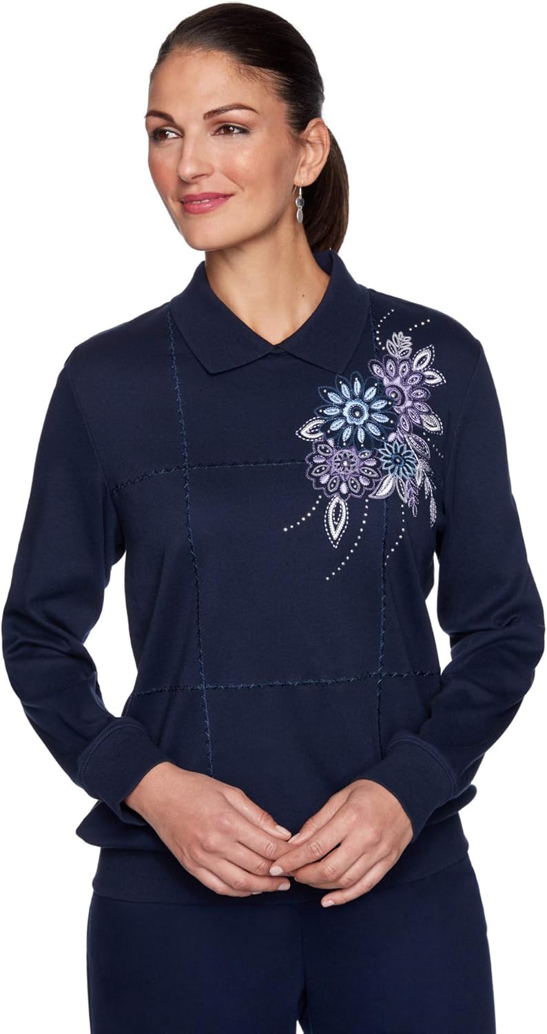 Alfred Dunner Women's Plus-Size Flower Embroidered Collard Neckline Top