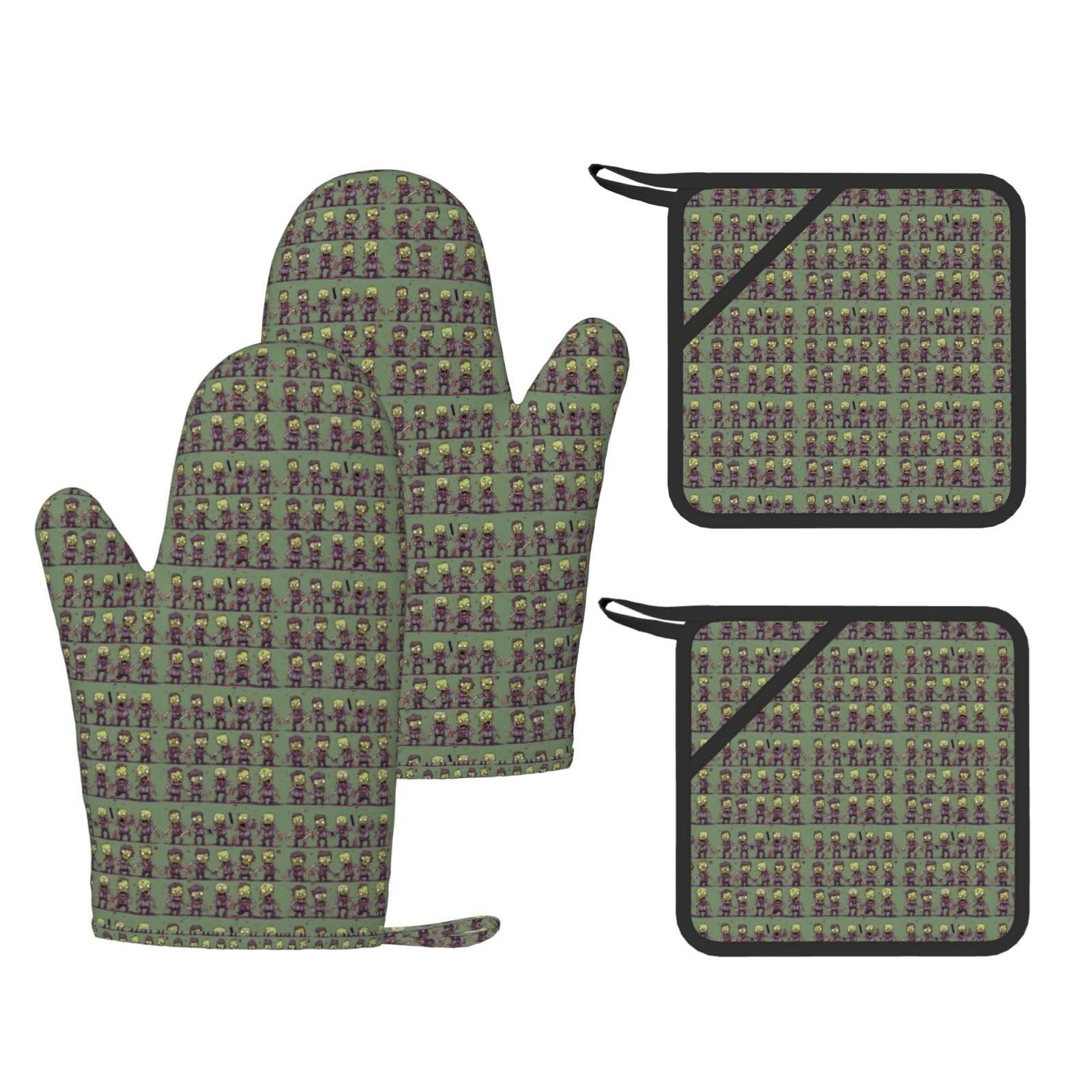 Nimongt Black Many Zombie Print Heat Resistant Gloves Pads Reusable Kitchen Set Oven Baking Grilling Cooking