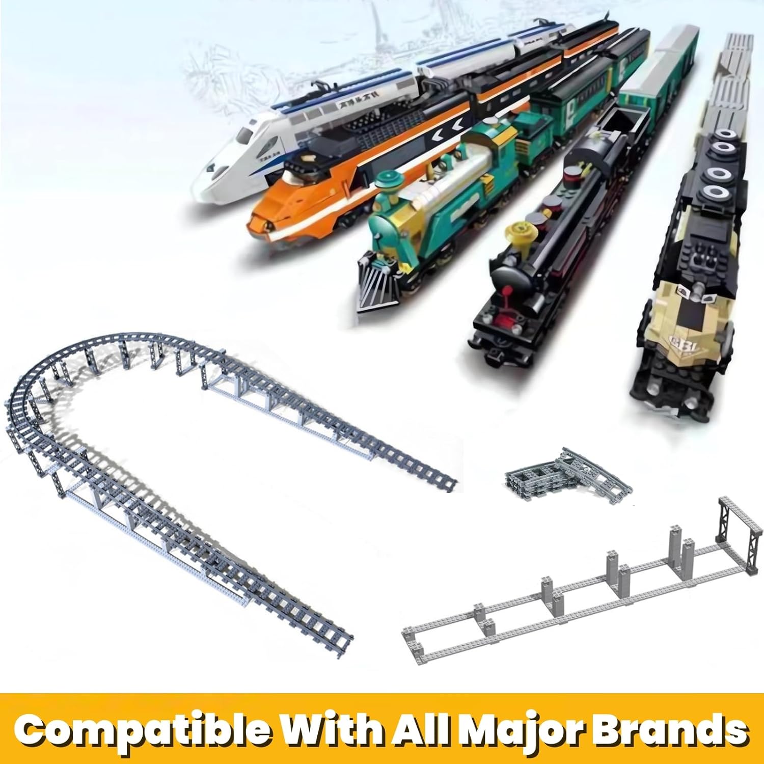 Finger Rock City Train Tracks Building Block Set, 212 Pcs Flexible Rails Train Track Railroad Expansion Accessory Set, Uphill and Downhill, Straight Curved Tracks