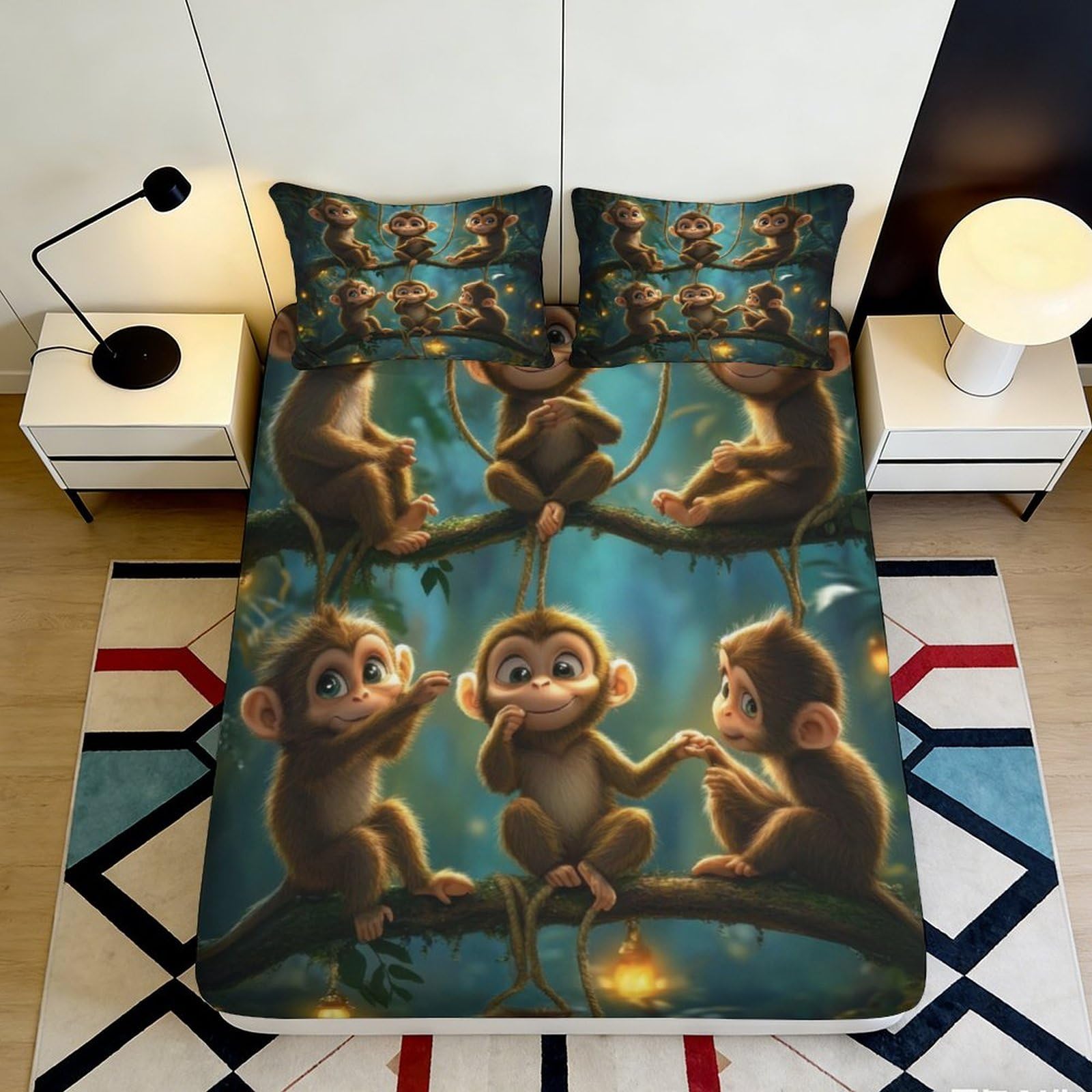 3D Printed Cartoon Monkey Fitted Sheet Microfiber Soft Anti-Slip Jungle Animal Bed Cover for Bedroom Guestroom Decor 90x200x25cm
