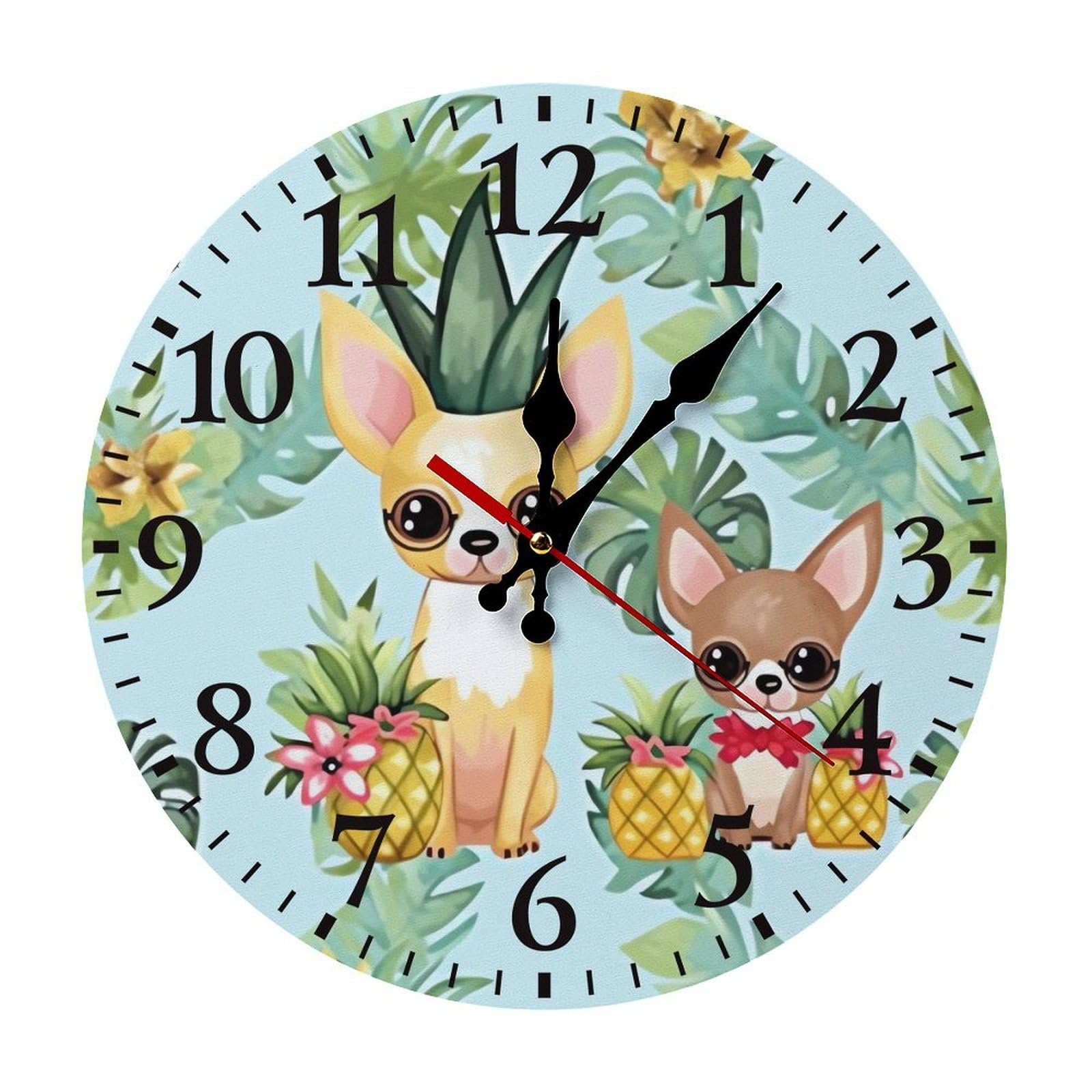 NTVOWPZO 10 Inch Wall Clock Chihuahua Dog Pineapple Battery Operated Wall Clocks Silent Non-Ticking Round Wall Clock for Living Room Kitchen Home Office Wall Decorative Clock