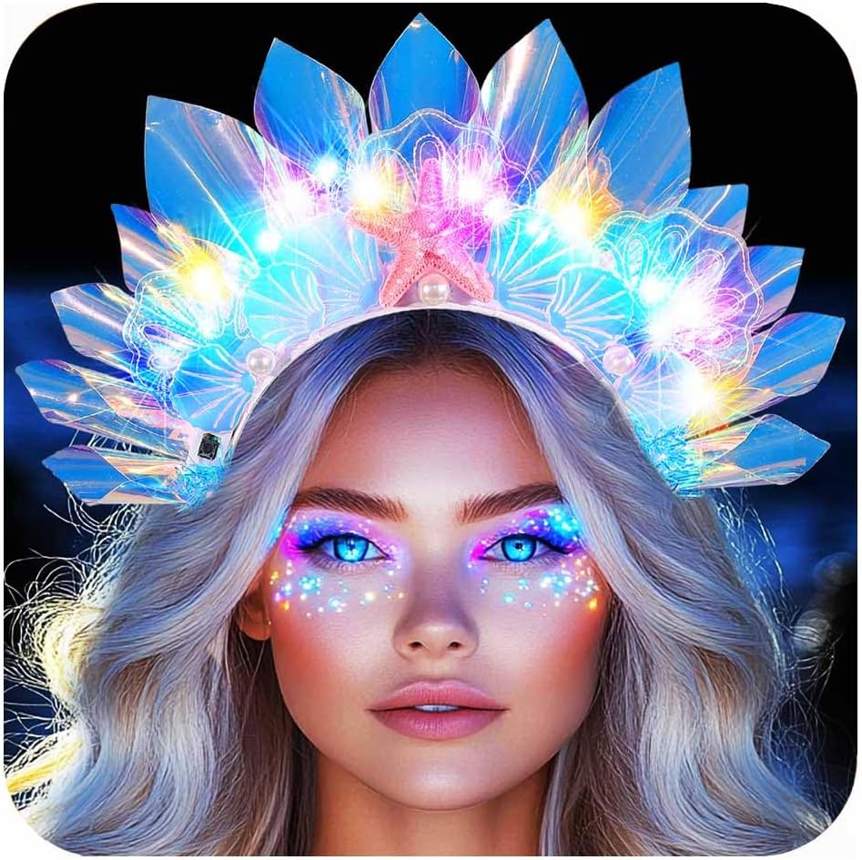 BARTOSI Light Up Mermaid Crown Headband Glow Starfish Headpiece Beach LED Hair Accessories for Women