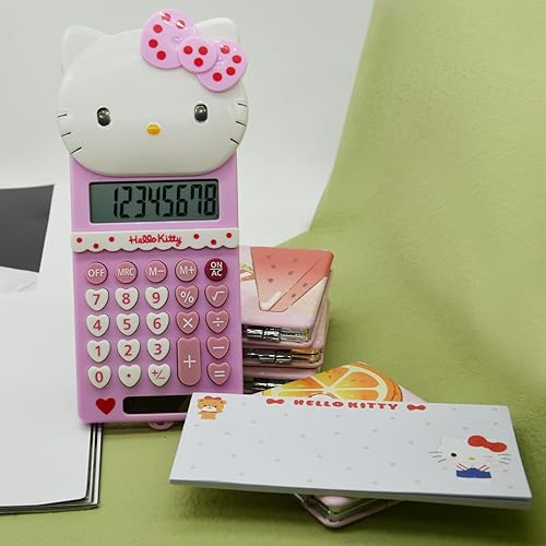 Miniatura 4 de Calculadora Kawaii Kitty con bloc de notas, 8 dígitos con pantalla LCD, calculadora de escritorio de gato rosa con energía solar y batería,