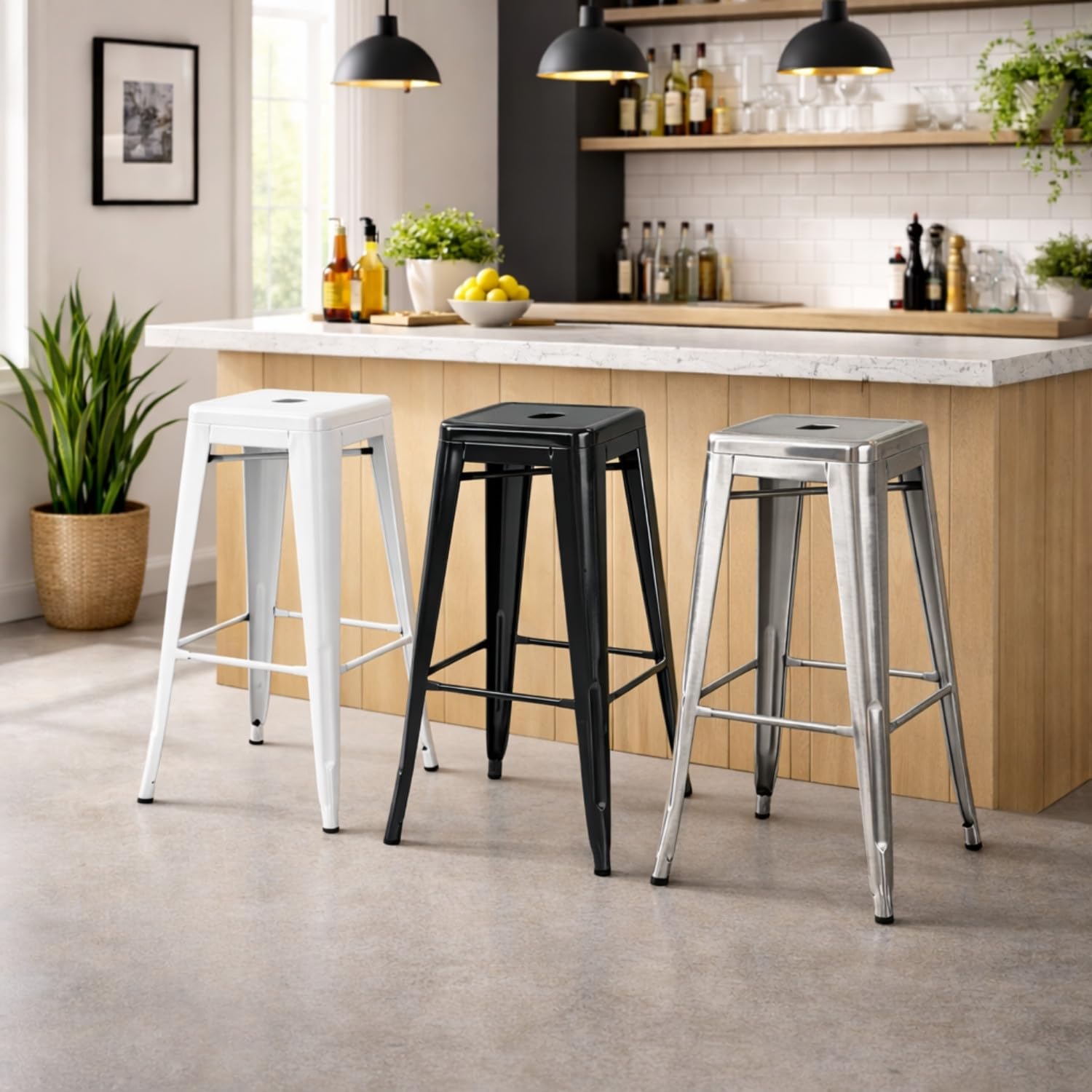 THINIA HOME Pack 4 Taburetes Medios Industriales Apilables de Acero 43x43x76cm