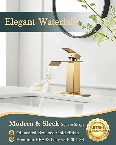 Miniatura 2 de Grifo de lavabo de baño con cascada dorada, acabado dorado cepillado, mango único, instalación de 1 o 3 agujeros, drenaje desplegable de metal,