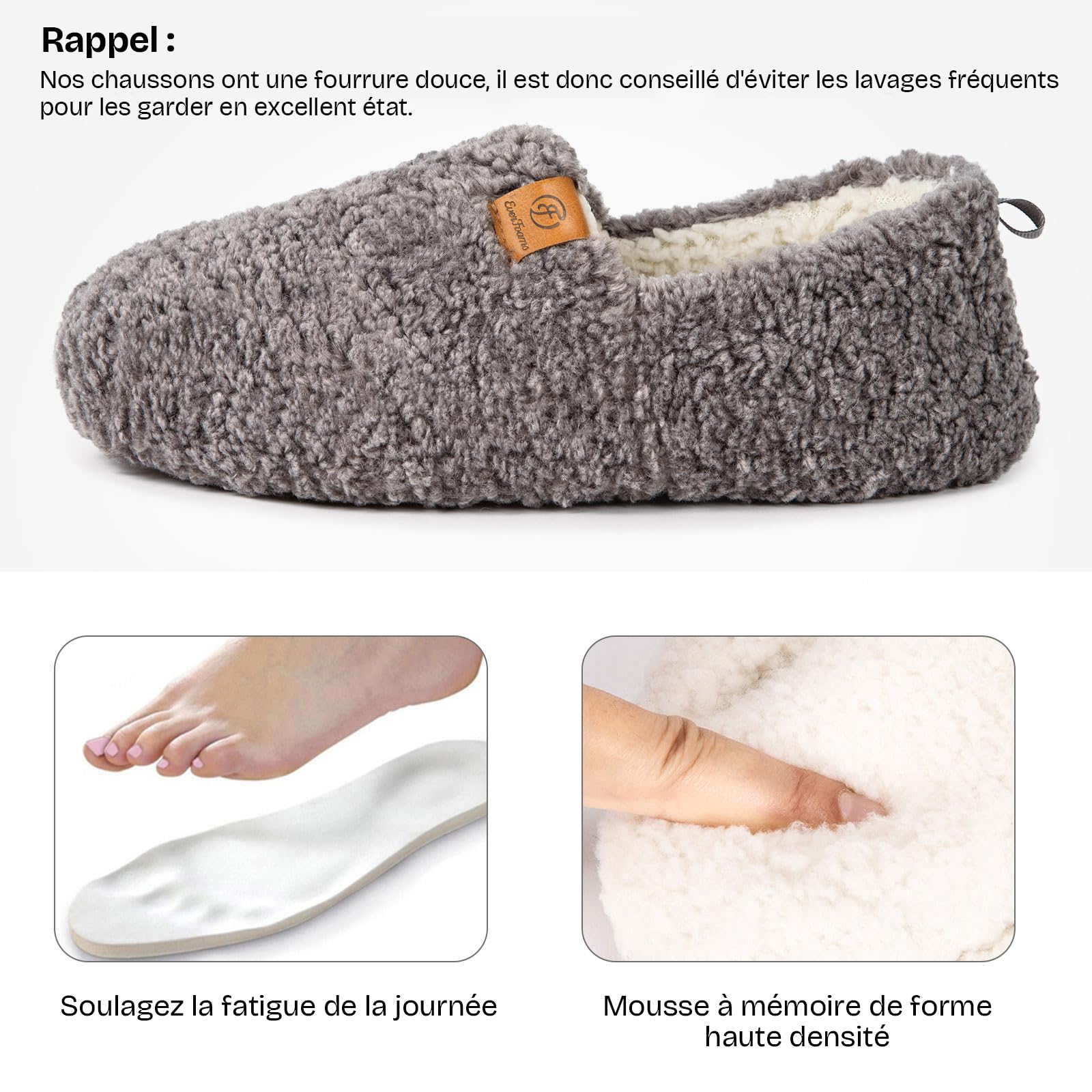 EverFoams Chaussons Femme Chaudes en Mousse à Mémoire Pantoufles Confortables Fausse Laine Hiver - Antidérapantes pour Intérieur/Extérieur