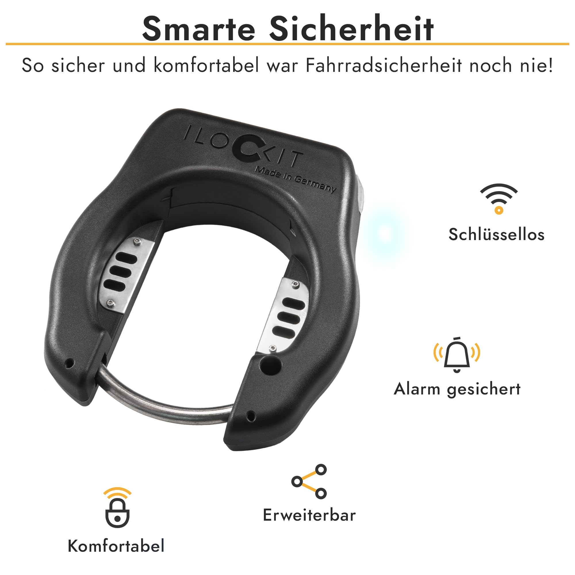 Rahmenschloss Fahrrad I Bluetooth Fahrradschloss mit Alarm | Smartes Fahrradschloss mit Alarm | Rahmenschloss per Handy steuern | Made in Germany