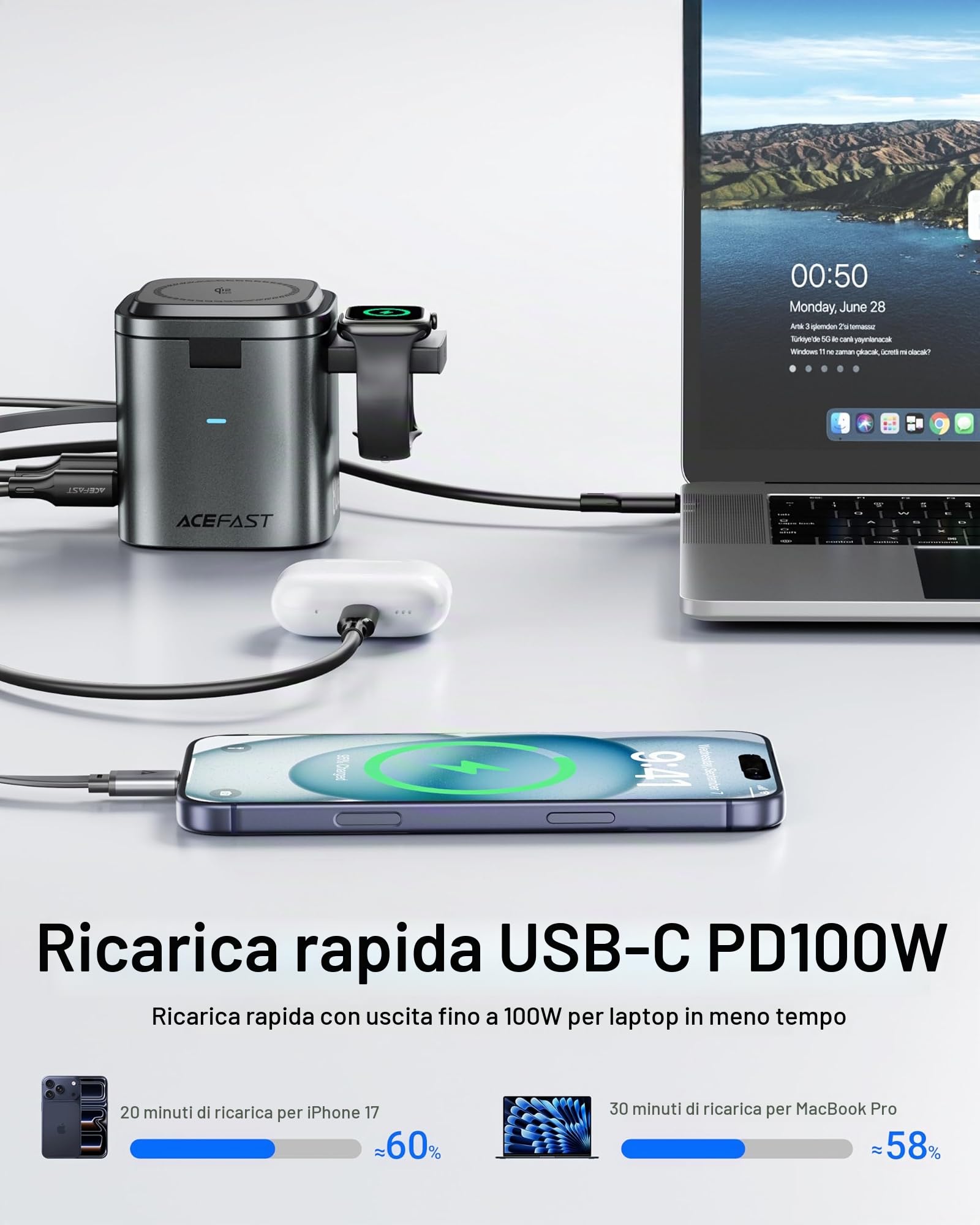 ACEFAST Stazione di ricarica rapida Qi2 6 in 1 da 25 W GaN wireless per iPhone 17 serie 16, con cavo retrattile USB C da 100 W, supporto magnetico per caricabatterie wireless per iWatch, per Samsung