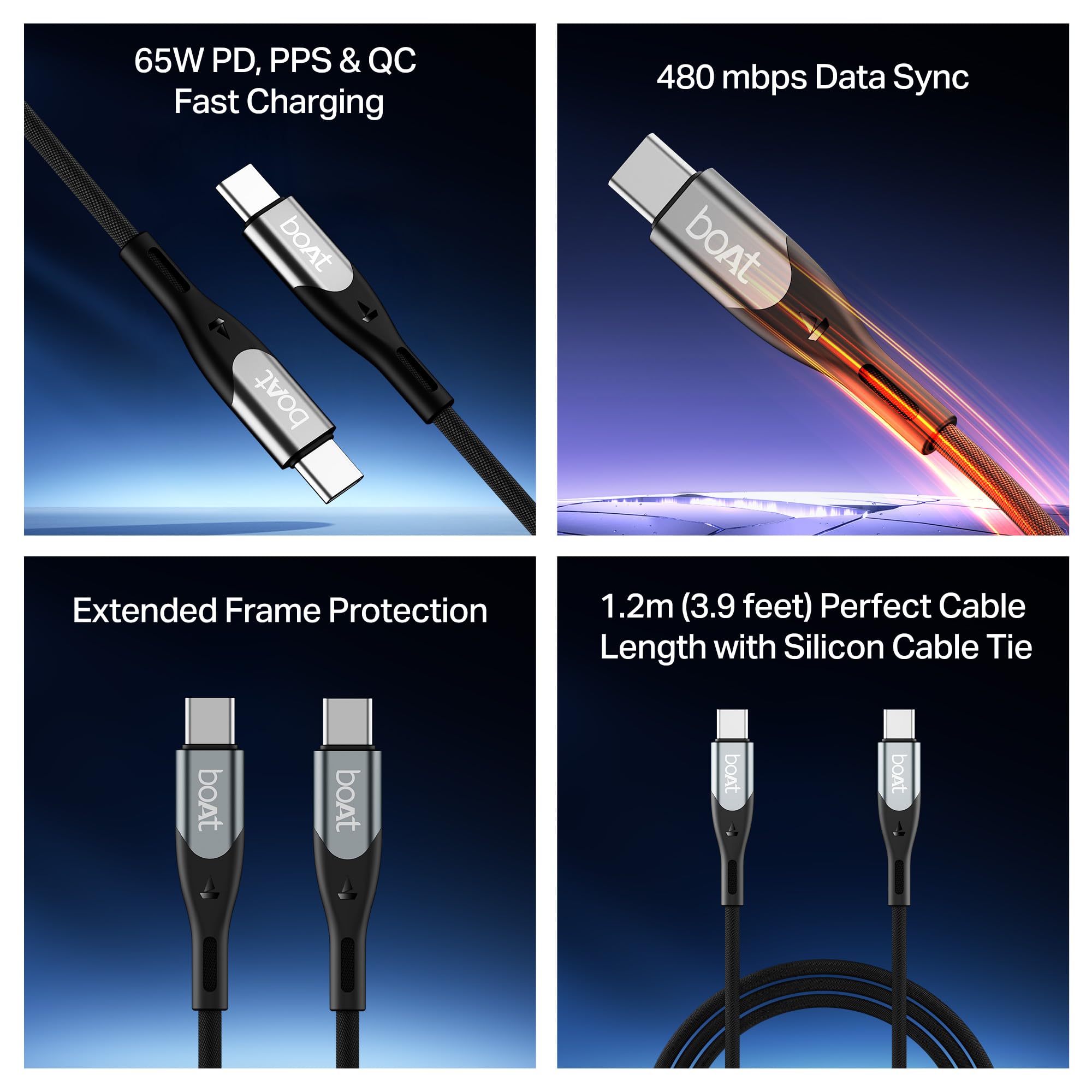 boAt Type C to C 65W Fast Charging Cable with 480 Mbps Data Transfer, Tangle-Free Cable in Premium Nylon Braided Design (Carbon Black)