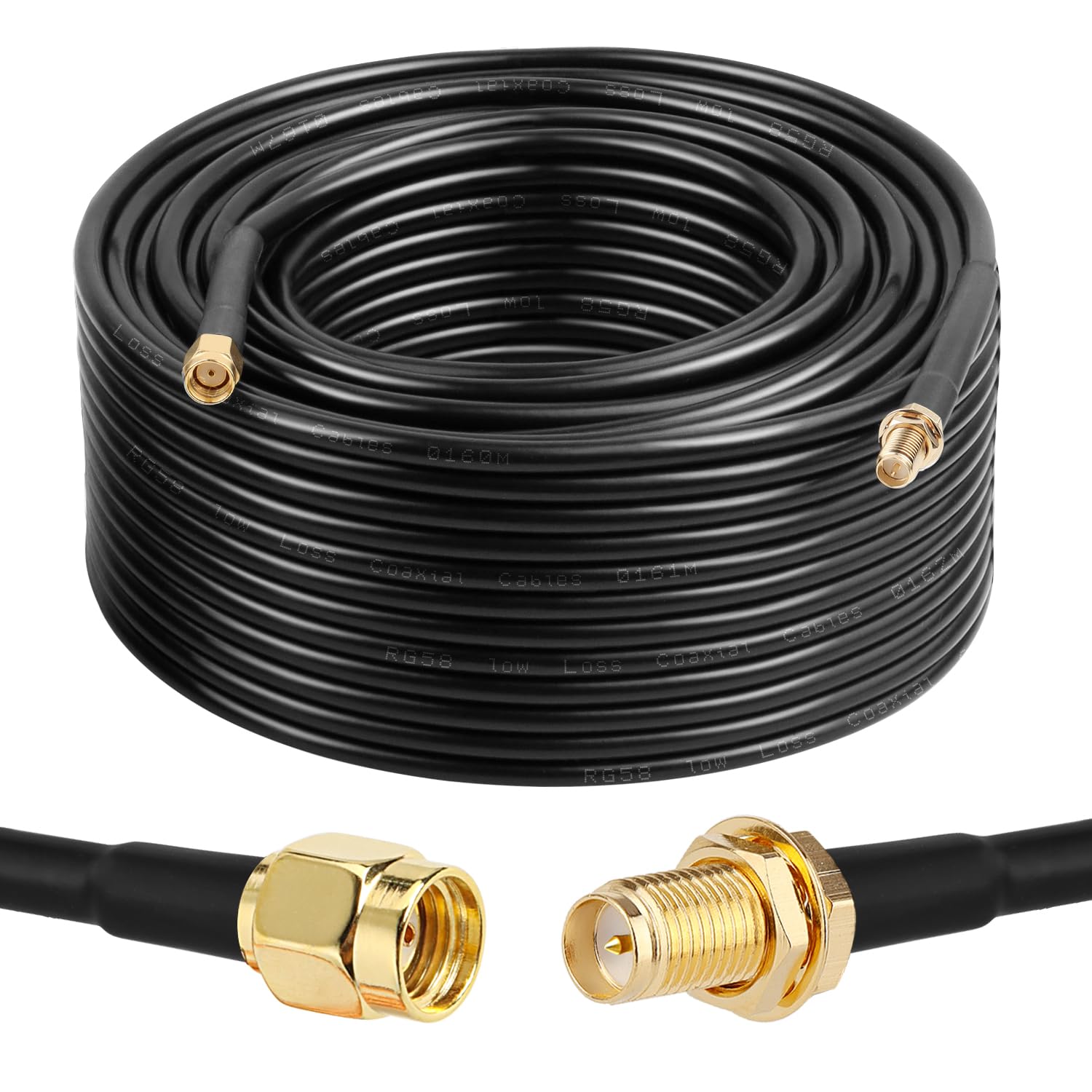 XRDS -RF Câble coaxial RP-SMA mâle vers RP-SMA femelle RG58 RP-SMA - Câble coaxial d'extension d'antenne WiFi pour routeur LAN WiFi - Adaptateur de carte réseau sans fil - 30,5 m