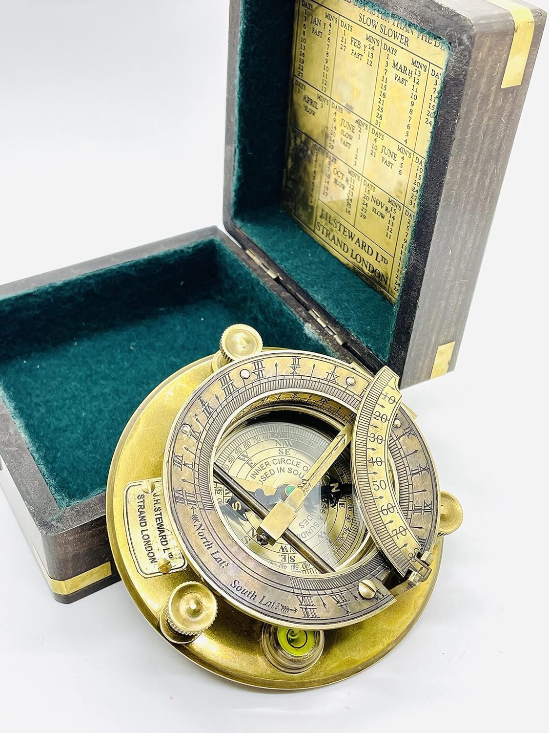JMM 4 Inches Sundial Compass, Antique Finish Compass with Wooden Protective Box for Camping, Hiking, Directional 4