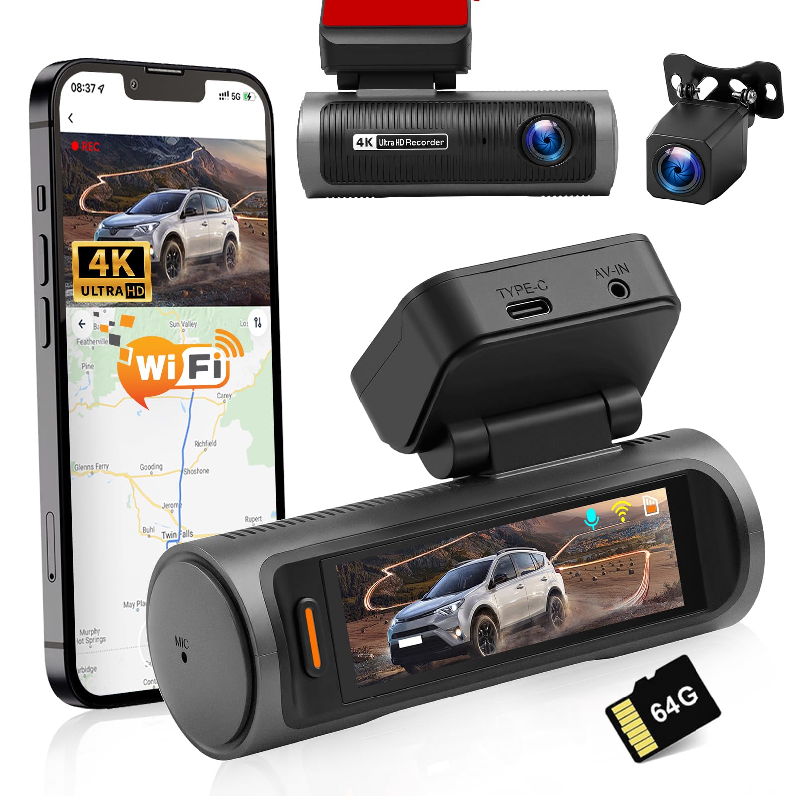 4K Dashcam Auto Anteriore e Posteriore, Dashcam Auto a doppio canale con Scheda SD da 64GB, Touchscreen IPS da 3,2", Grandangolo, Visione Notturna IR 8, Sensore G, con WiFi e Registrazione in Loop