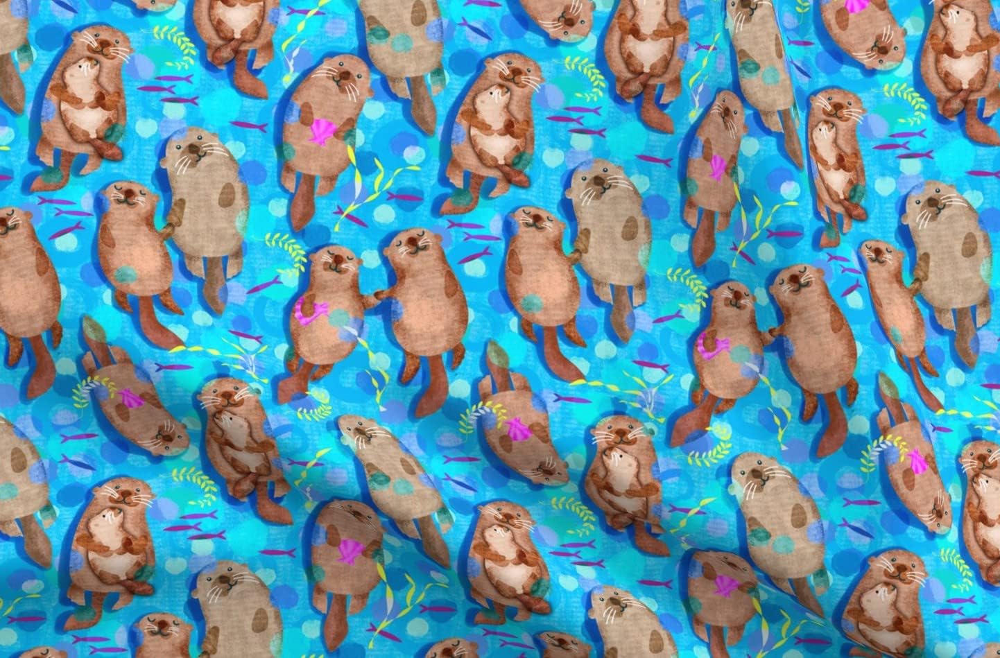 Spoonflower Fabric - Sweet Playful Otters Sea Aquatic Swimming Animals Watercolor Boy Girl Printed on Minky Fabric by The Yard - Sewing Baby Blankets Quilt Backing Plush