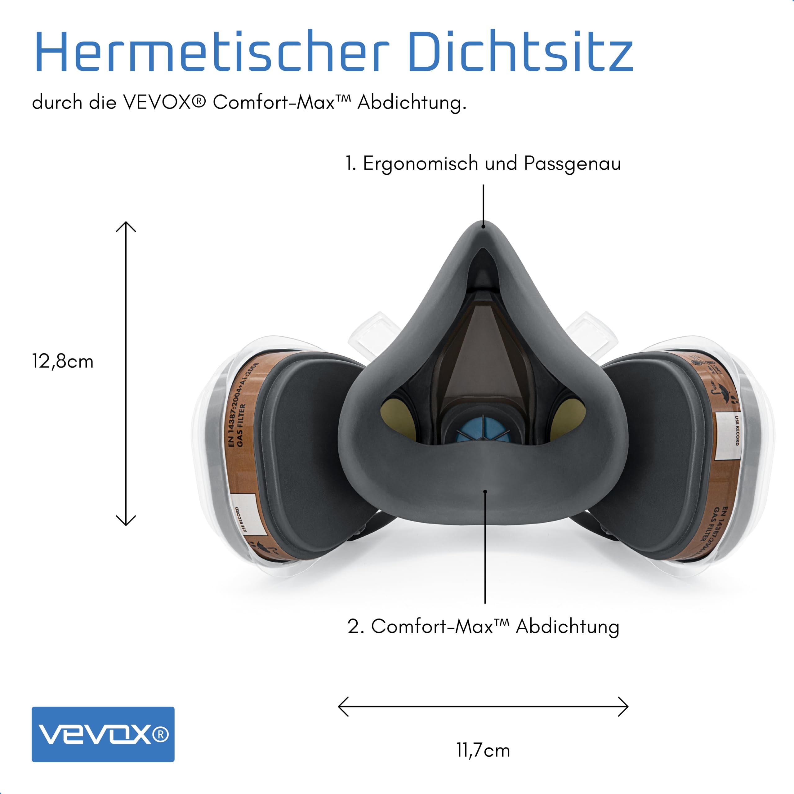 VEVOX® Atemschutzmaske – A1P2 Filter – Schutz gegen Feinstaub, Gase und Dämpfe – Zum Lackieren, Schleifen und Sanieren – Gasmaske, Staubmaske & Lackiermaske – inkl. 6x P2 und 2x A1 Filter