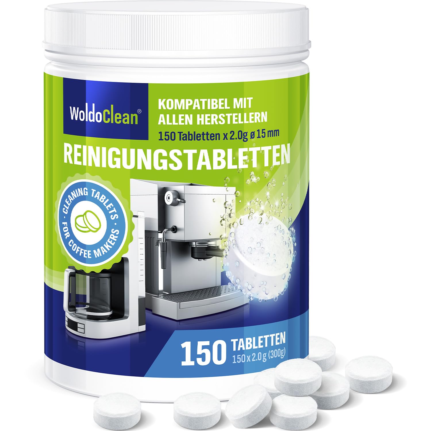 WoldoClean 150x Reinigungstabletten für Kaffeevollautomaten - Kaffeefettlöser Tabletten für Siebträger & Espressomaschinen, kompatibel mit Siemens, Krups, Melitta, Jura, Bosch, DeLonghi, Philips