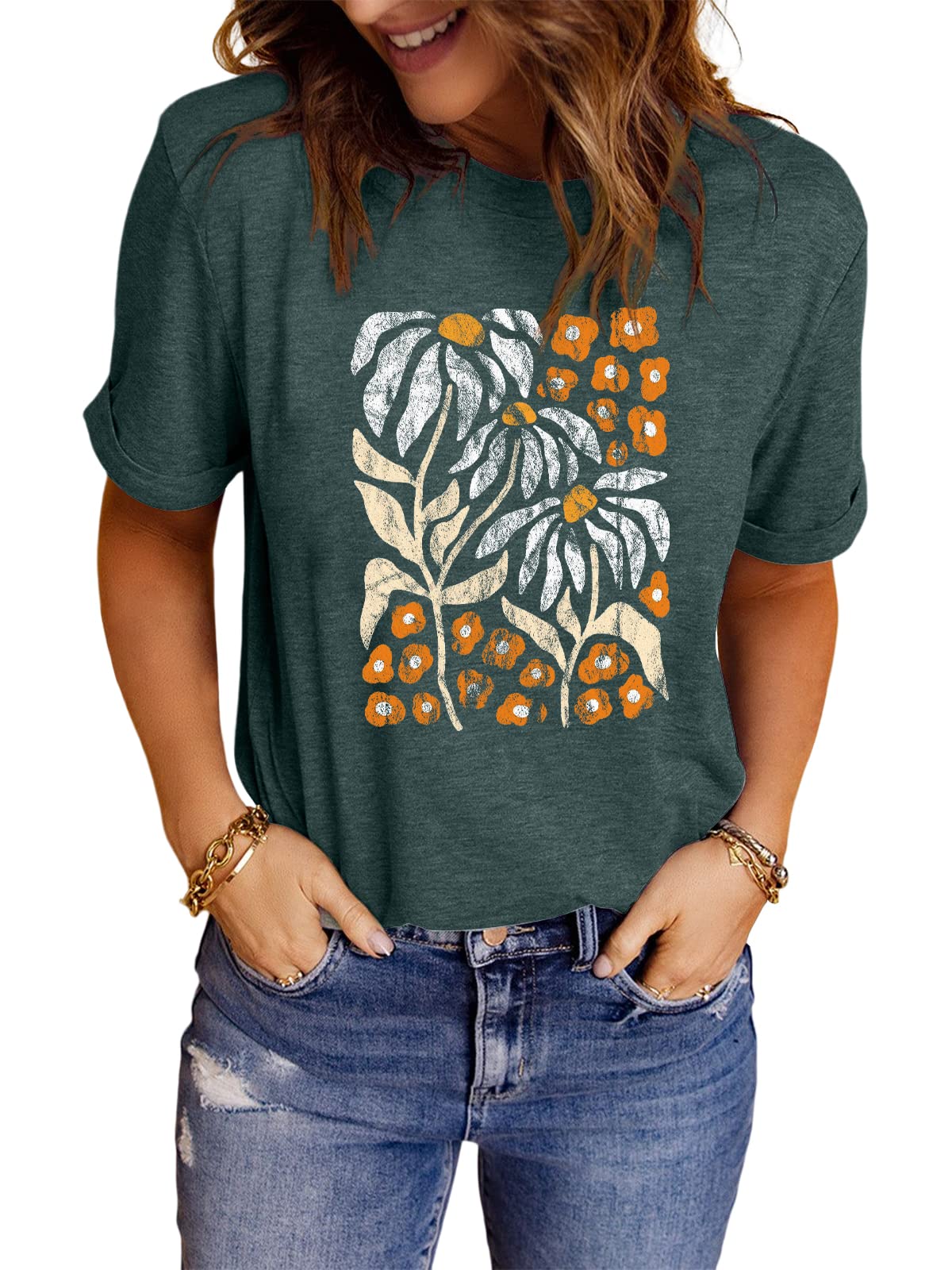 Womens Dandelion Graphic T-Shirts Teen Girls Cute Sunflower Trendy Clothes Casual Tee Tops, A Green2, Medium