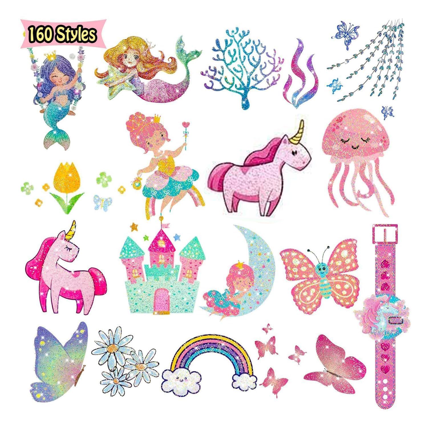 Leesgel Glitter Tattoos for Girls, 160 Styles Glitter Tattoos for Kids Party Bag Fillers, Fake Transfer Tattoo Stickers for Boys Girls Games Toys Birthday Halloween Decorations Supplies