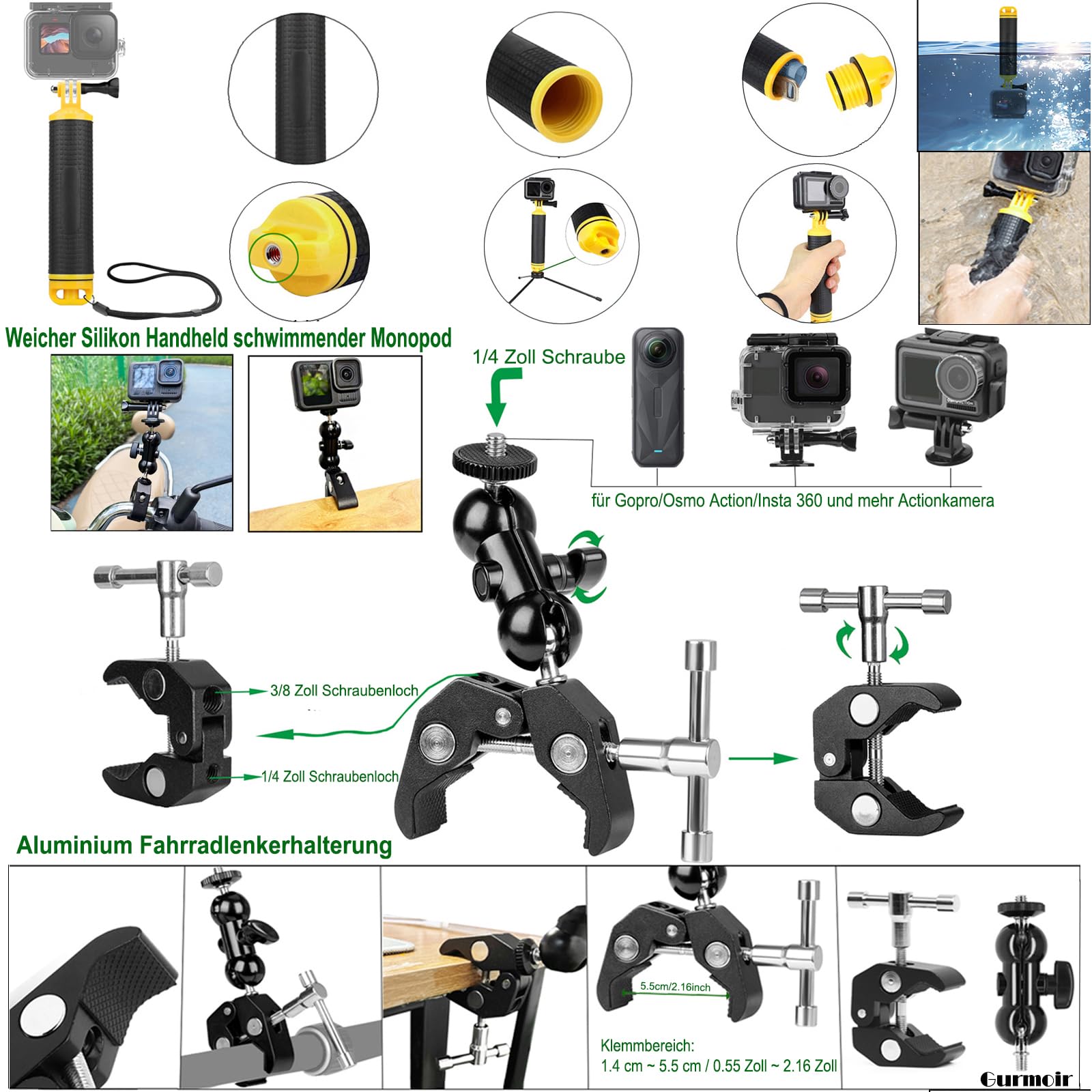 Zubehör Kit für Gopro Hero 13/12/11/10/9/8/7/6/Go Pro Max 2/DJI Osmo Action 6/5 pro/4/Insta 360 X5/X4 und mehr Action Kamera(DT18)