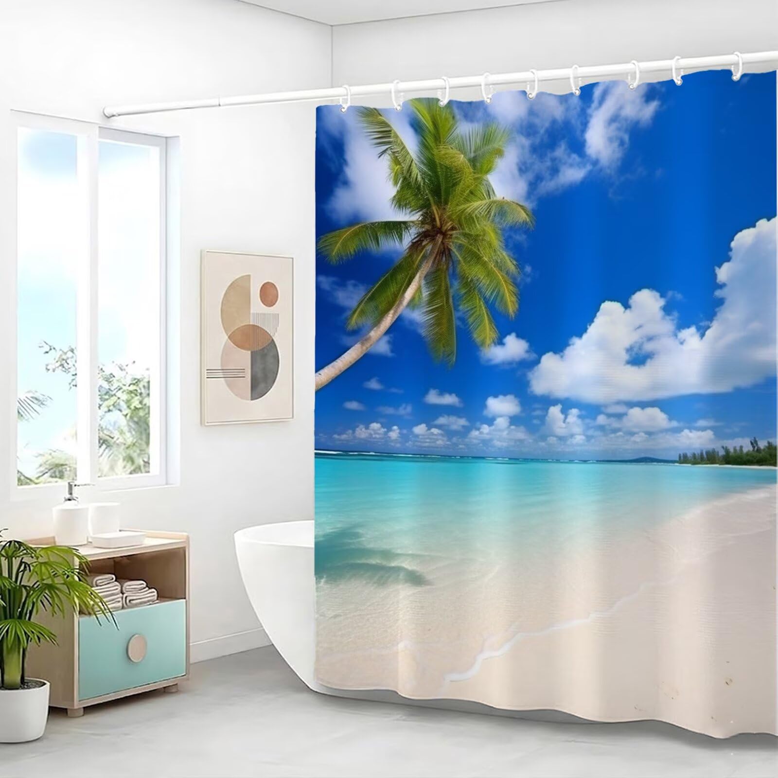 Duschvorhang 200x240 cm Anti Schimmel - Blau Design - Wasserdicht & Waschbar Schnelltrocknender Polyester Stoff - Inkl. 12 Ringe und Gewicht Shower Curtain für Badezimmer Dusche Badewanne, Meer J8-409