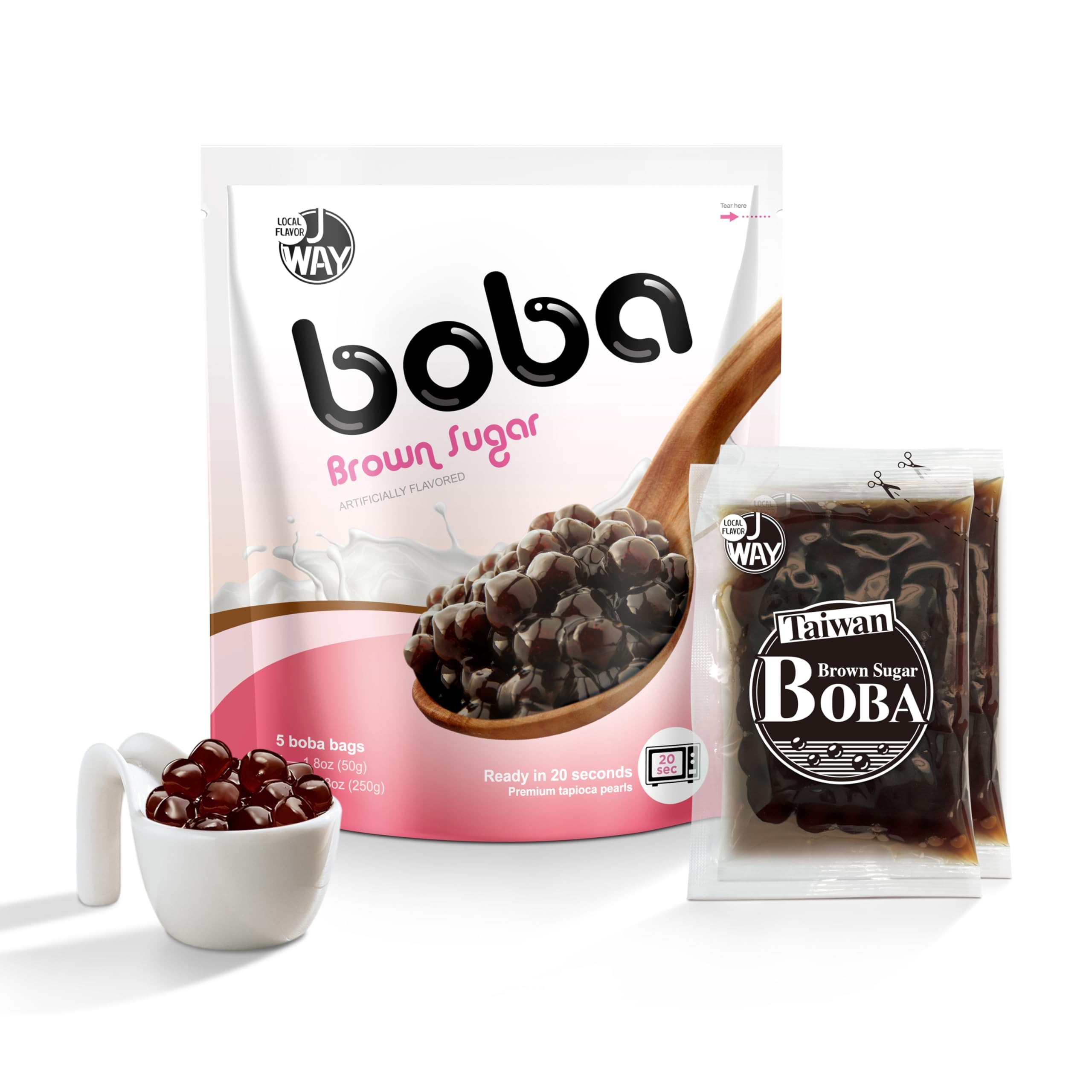 J WAY BOBA Authentic Instant Tapioca Boba Pearls for Milk Tea, Smoothies and Desserts, Brown Sugar Flavor (Ready in Just 20 Seconds) - 5 Servings Brown Sugar 5 Count (Pack of 1)